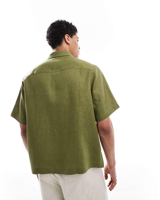 Camicia Regular Fit Squadrata 100% Lino Polvere di ASOS in Green da Uomo