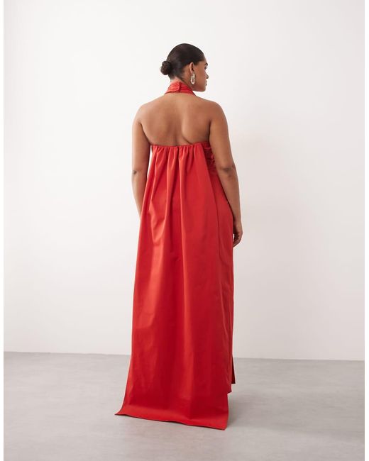 ARRANGE Red Curve Halter Shir Waistband Maxi Dress