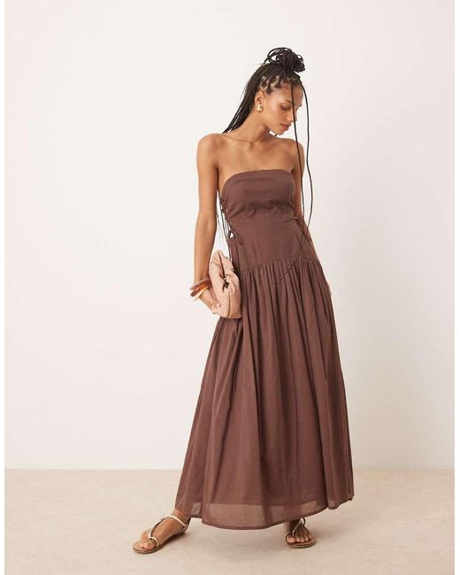 ASOS Brown Dropped Waist Bandeau Maxi Sundress With Lace Up Side