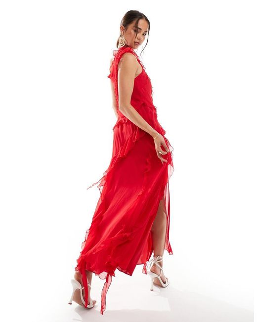 Vestido Midi Asimétrico Con Detalles Desflecados De Mango de color Red