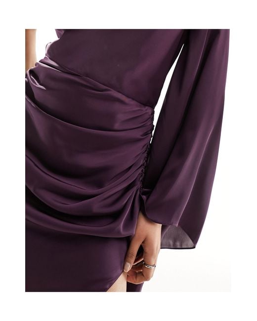 ASOS Purple Satin One Sleeve Scarf Neck Maxi Dress