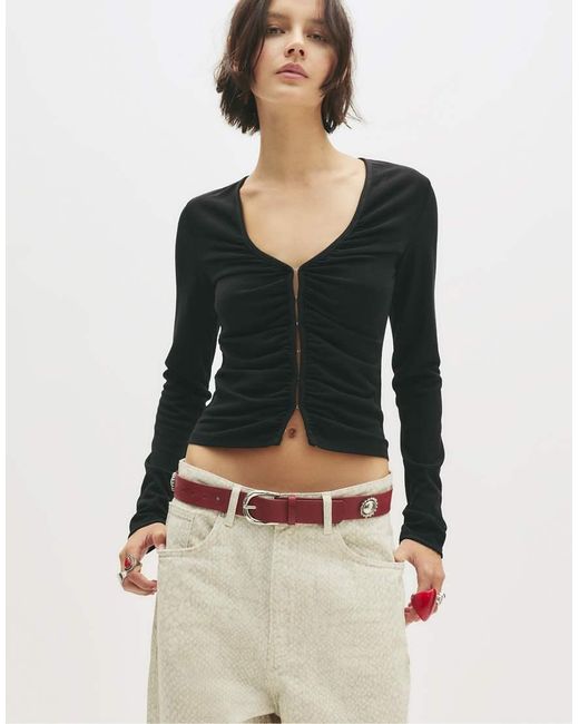 Pull&Bear Black Long Sleeve Popper Top