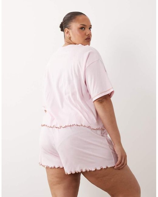 ASOS Pink Asos Design Curve Embroidered Siesta Slogan Short Sleeve Tee And Short Pyjama Set With Lettuce Edge