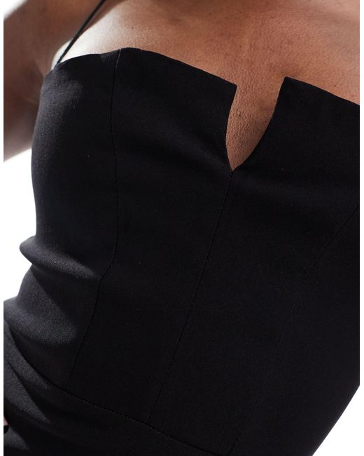 Vesper Black Notch Detail Cami Strap Thigh Split Midi Dress