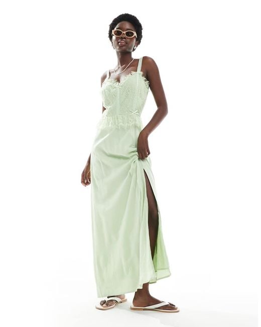 Miss Selfridge Green Cheesecloth Maxi Corset Dress With Ribbon Trims