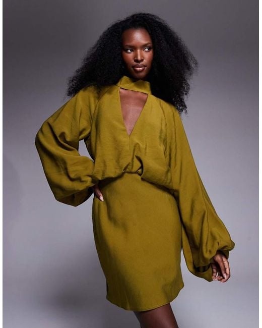 ASOS Green High Neck Plunge Mini Dress With Blouson Sleeves