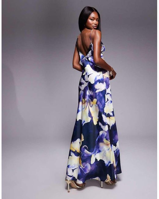 ASOS Blue Satin Chiffon Mix Square High Neck Maxi Dress