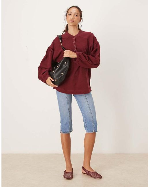 ASOS Red Long Sleeve Waffle Henley With Puff Sleeve Detail