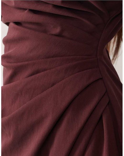 ARRANGE Red High Neck Shoulder Pad Pleated Waist Maxi Dress