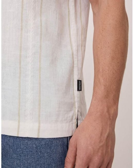 Jack & Jones White Premium Linen Blend Short Sleeve Shirt With Green Stripes for men