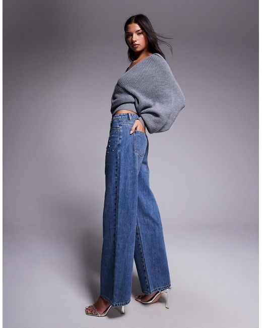 Tiger Mist Blue Elira Studded Eyelet Detail Low-mid Rise Straight Leg Jeans