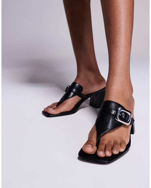 ASOS Black Hickery Buckle Detail Toe Thong Block Heeled Mid Sandals