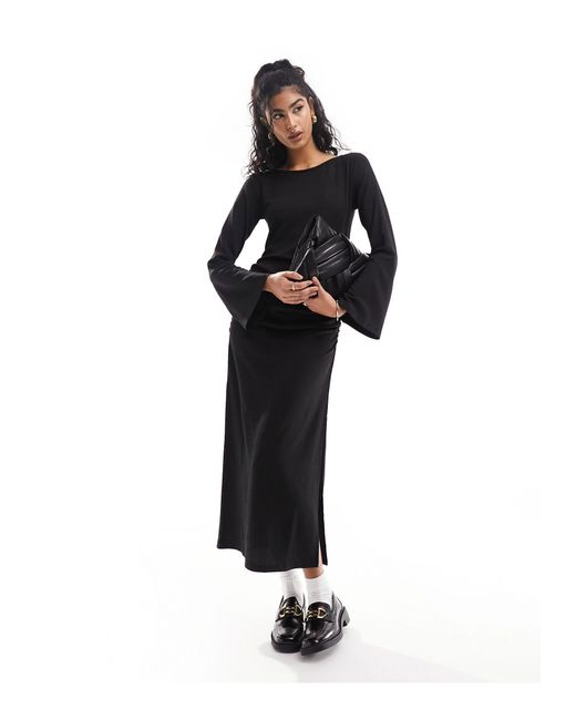 Y.A.S Black Ruched Side Textured Jersey Maxi Dress With Flared Sleeves