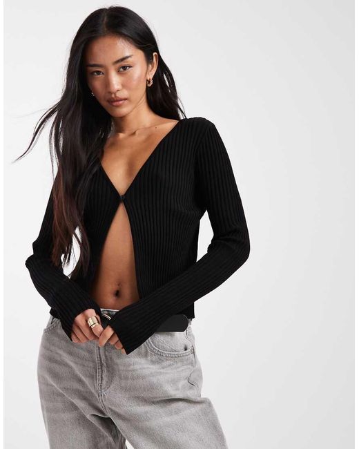 Miss Selfridge Black Rib Knit Open One Button Cardigan