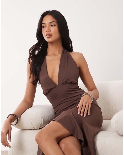 The Frolic Natural Exclusive Plunge Cowl Neck Asymmetric Ruched Drape Front Midi Dress