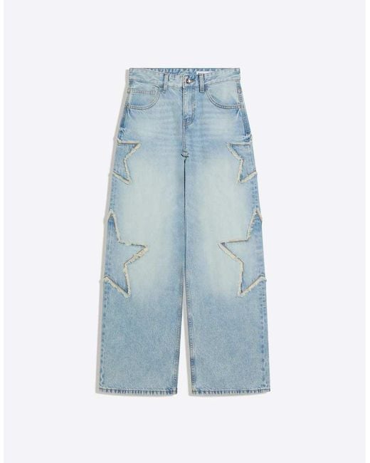 Bershka Blue Low-rise Boyfriend Jeans With Stars