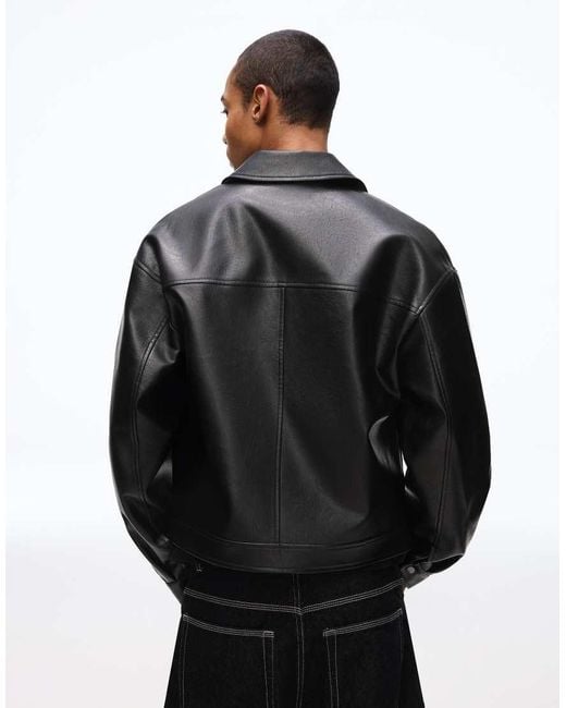 Bershka Black Boxy Faux Leather Jacket for men