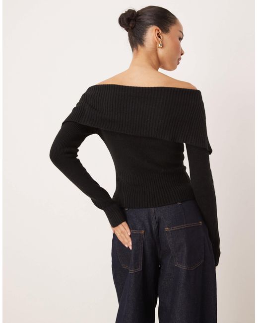 Gina Tricot Black Rib Knitted Zip Front Cardigan With Off Shoulder Collar