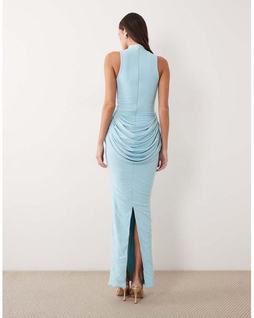 Wanderdoll Blue Ari Sculpted High Neck Sleeveless Drape Detail Maxi Dress