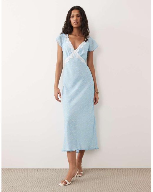 New Look Blue Ditsy Lace Trim Cap Sleeve Midi Dress