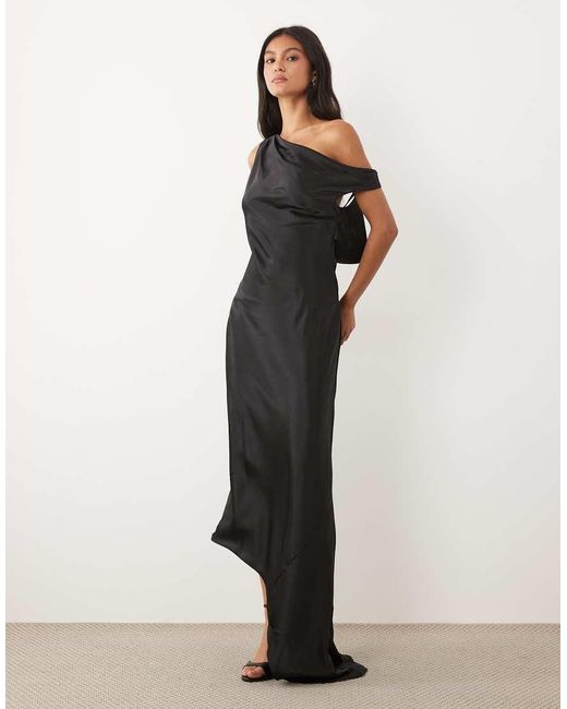 JW PEI Natural Satin Draped One Shoulder Asymmetric Satin Maxi Dress
