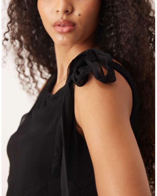 Vrg Grl Black Off The Shoulder Tie Detail Mesh Mini Dress