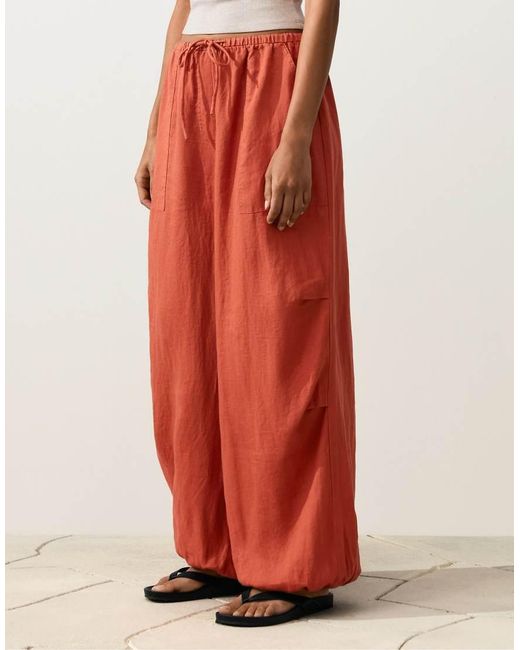 Oysho Red 100% Linen Cargo Bloomer Trousers