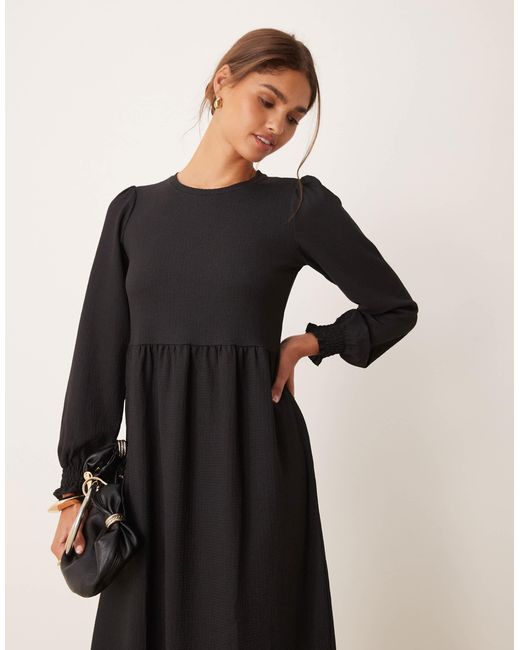 New Look Black Plain Crinkle Long Sleeve Smock Midi Dress