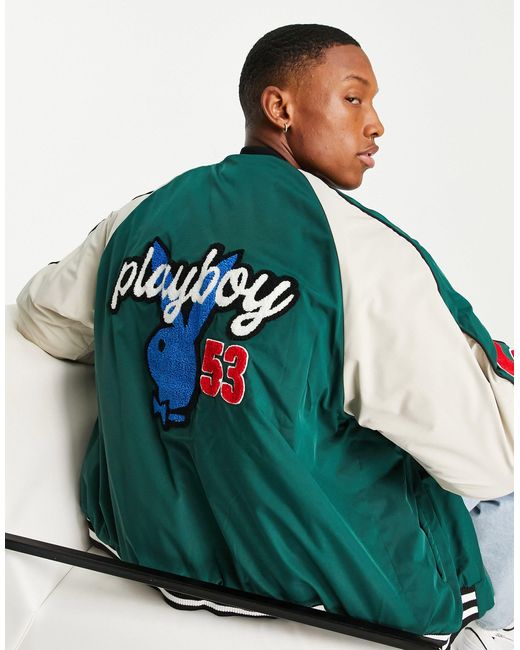 Mennace Green X Playboy Varsity Jacket for men