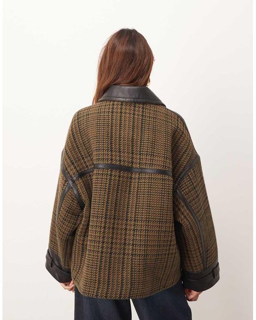 ARRANGE Brown Houndstooth Brushed Wool Blend Coat With Leather Detail