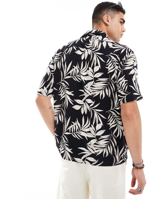 Hollister Black Thrifted Short Sleeve Revere Collar Tropical Floral Print Rayon Shirt for men