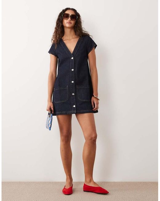 Miss Selfridge Blue Short Sleeve Button Through Mini Dress