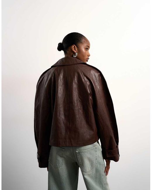 TOPSHOP Brown Faux Leather Ovoid Sleeve Short Trench