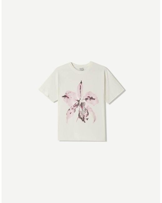 T-Shirt Oversize A Maniche Corte Bianca Con Stampa di Bershka in White