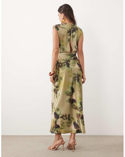 ASOS Natural Satin High Neck Pleated Bodice Midi Dress