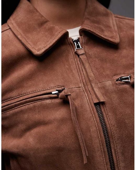 Chaqueta Marrón Entallada De Estilo Biker Con Cremallera De Ante De -Neutro Urbancode de color Natural