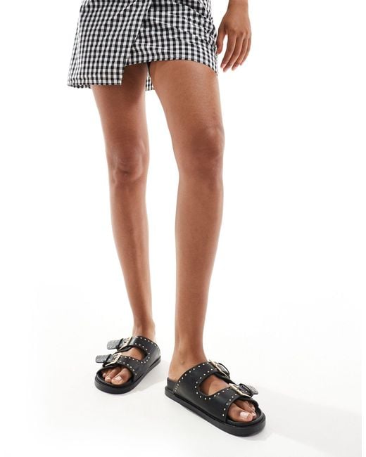 Truffle Collection Black Wide Fit Double Strap Studded Footbed Sandal
