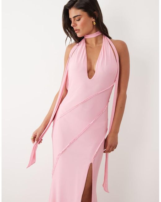 ASOS Pink Scarf Detail Plunge Halter Maxi Dress With Raw Seam Details