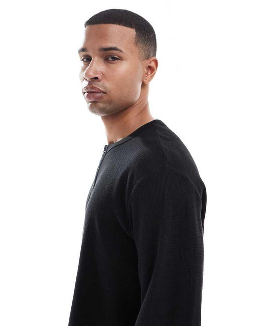 Jack & Jones Henley Top Met Lange Mouwen En Textuur in het Black voor heren