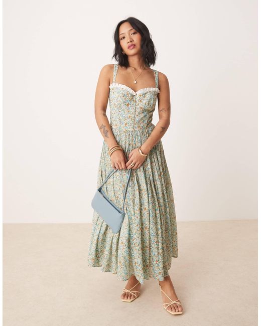 Robe corset mi-longues à petites fleurs en coton LACE & BEADS en coloris Blue
