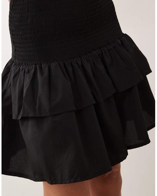 Vila Black Shirred Waist Tiered Mini Skirt