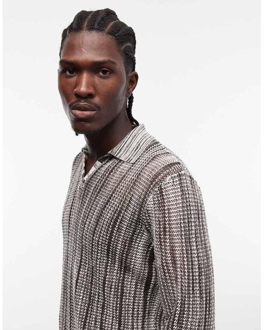 ASOS Gray Knitted Long Sleeve Mesh Notch Neck Polo for men
