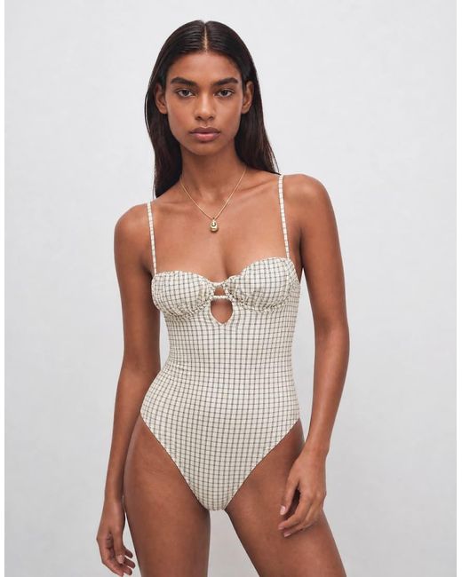 ASOS White Piper Paper Touch Plaid Ruched Balconette Swimsuit