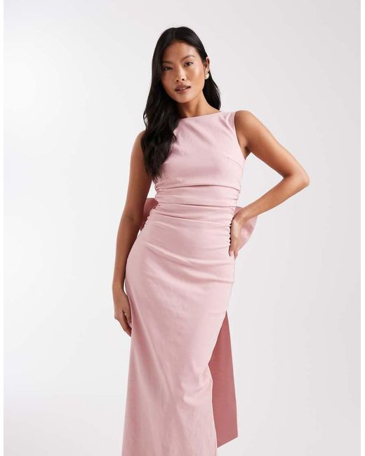 TFNC London Pink Bridesmaid Bengaline Maxi Dress With Detachable Bow Back