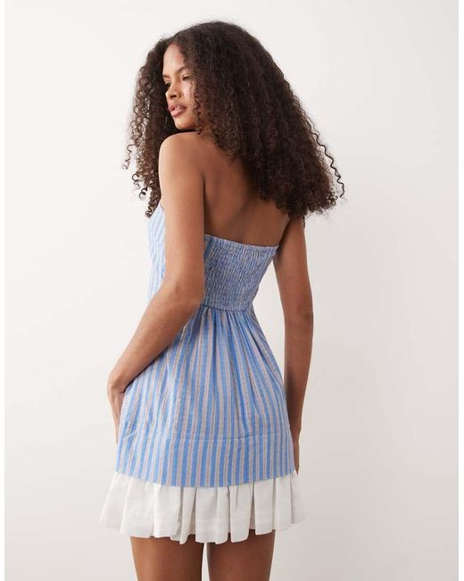 ASOS Blue Cotton Linen Bandeau Mini Sundress With Ruffle Hem