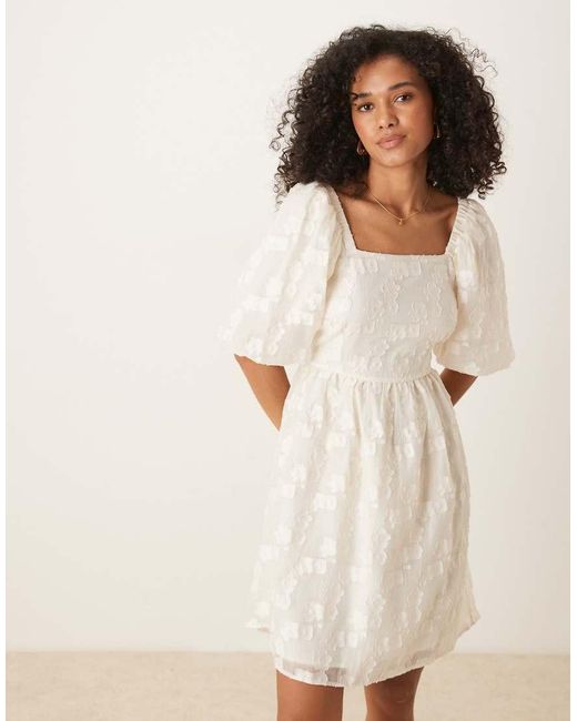 Y.A.S Natural Jacquard Mini Dress With Puff Sleeves