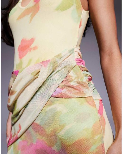 ASOS Multicolor Mesh Plunge Neckline Maxi Dress With Wrap Sash Detail