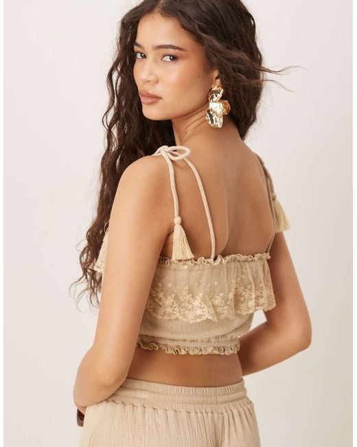 ASOS Natural Co-ord Crinkle Tie Shoulder Lace Trim Bralet Top