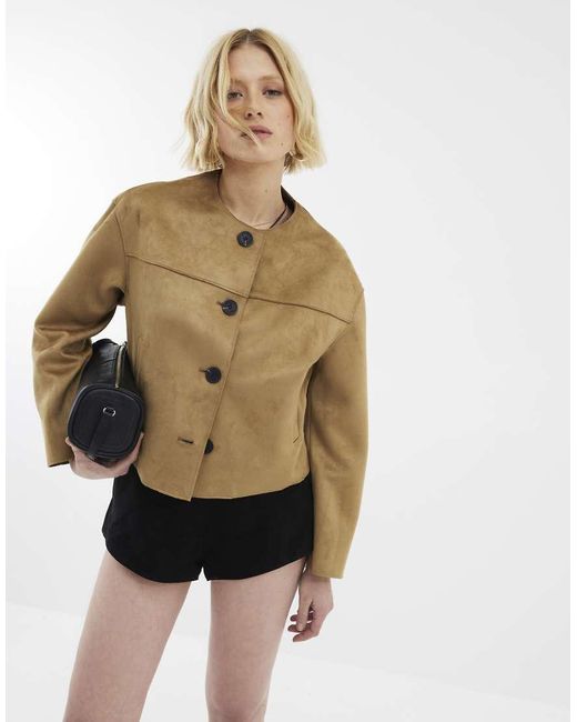River Island Natural Faux Suede Collarless Jacket