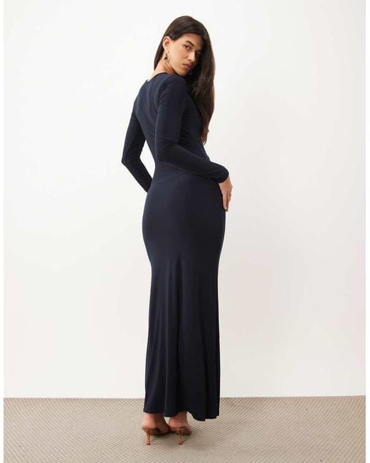 ASOS Blue Slinky Twist Plunge Maxi Dress With Long Sleeves